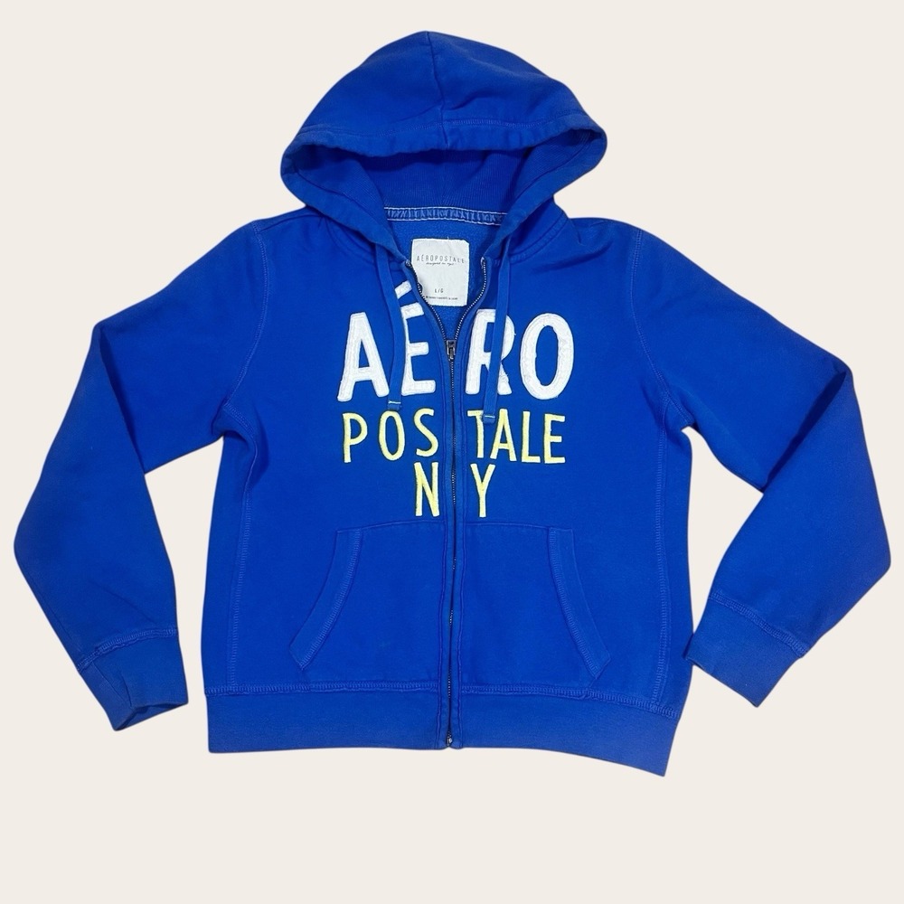 Y2K Aeropostale Men's Full Zip Hoodie Jacket Blue White Spell Out Size L Vintage